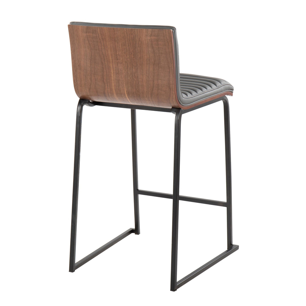 Mason Mara 26" Fixed-Height Counter Stool - Set of 2 - Black Metal, Walnut Wood, Grey PU