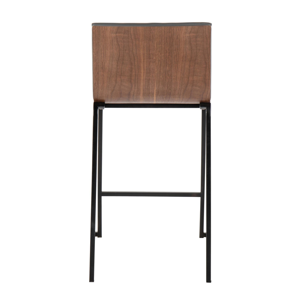 Mason Mara 26" Fixed-Height Counter Stool - Set of 2 - Black Metal, Walnut Wood, Grey PU