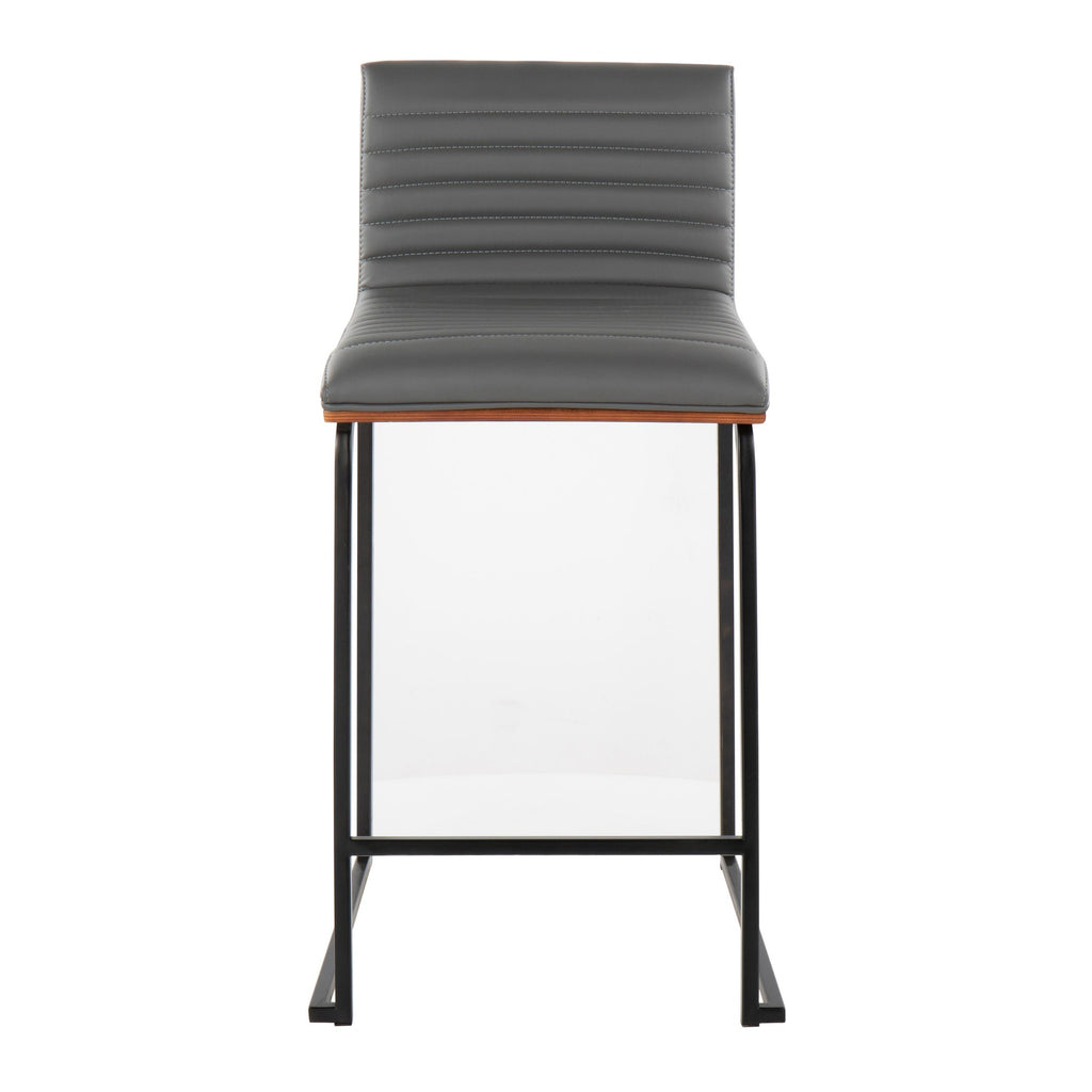 Mason Mara 26" Fixed-Height Counter Stool - Set of 2 - Black Metal, Walnut Wood, Grey PU