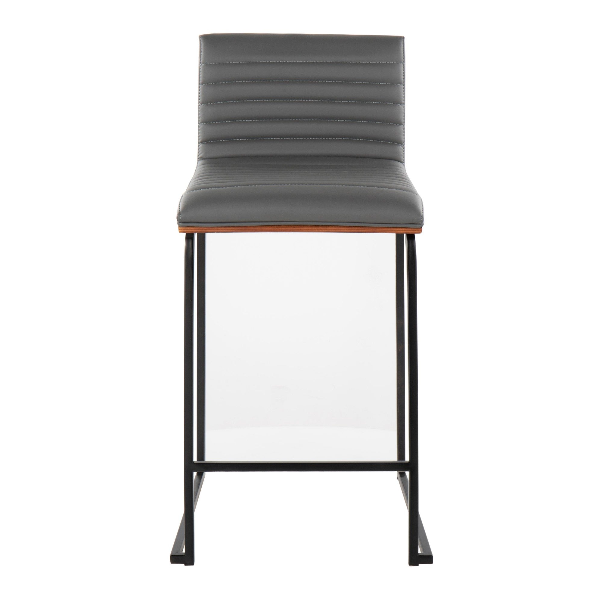 Mason Mara 26" Fixed-Height Counter Stool - Set of 2 - Black Metal, Walnut Wood, Grey PU