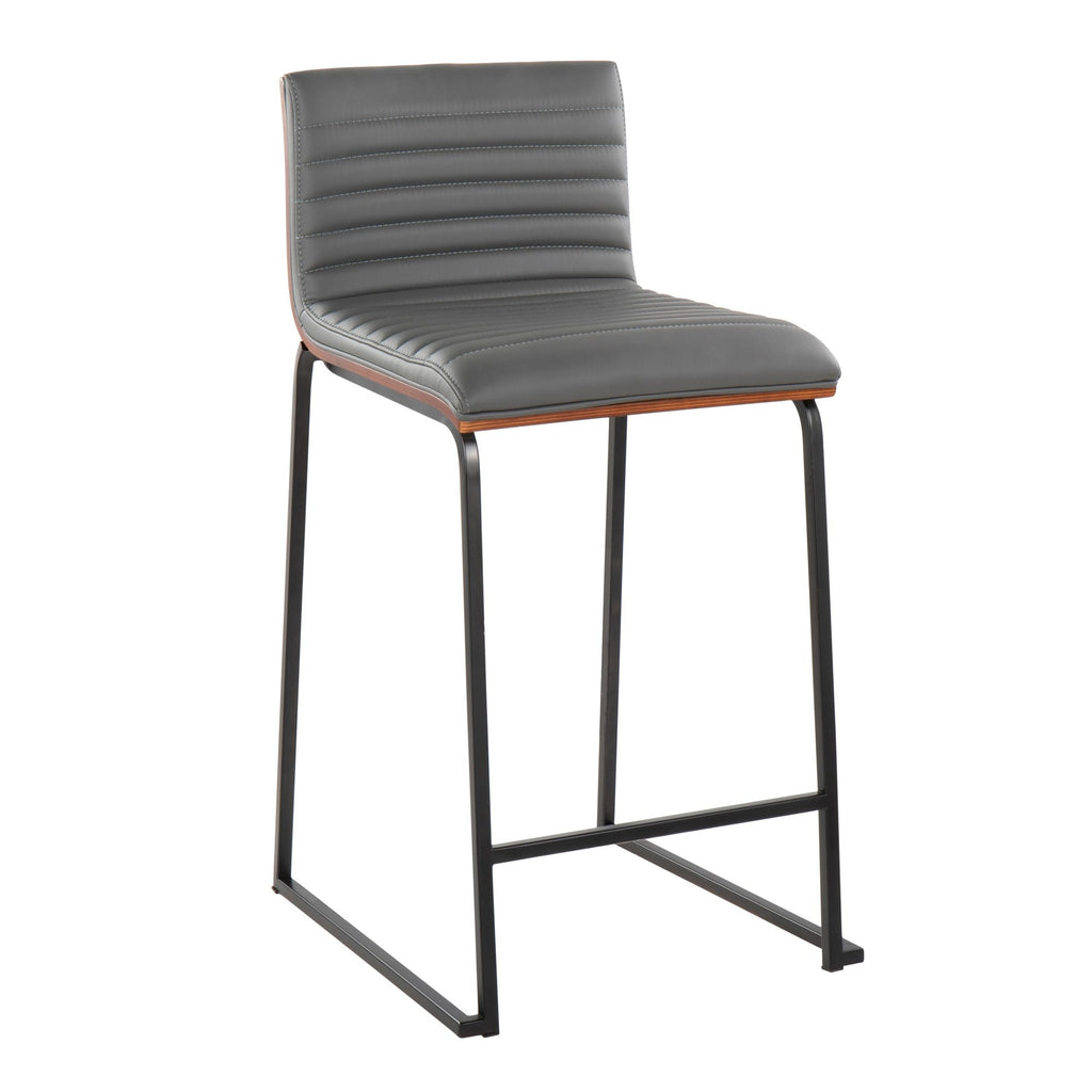 Mason Mara 26" Fixed-Height Counter Stool - Set of 2 - Black Metal, Walnut Wood, Grey PU