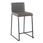Mason Mara 26" Fixed-Height Counter Stool - Set of 2 - Black Metal, Walnut Wood, Grey PU
