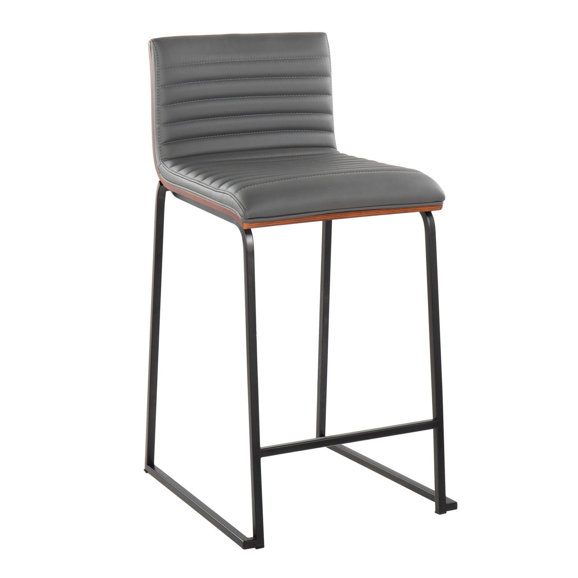 Mason Mara 26" Fixed-Height Counter Stool - Set of 2 - Black Metal, Walnut Wood, Grey PU