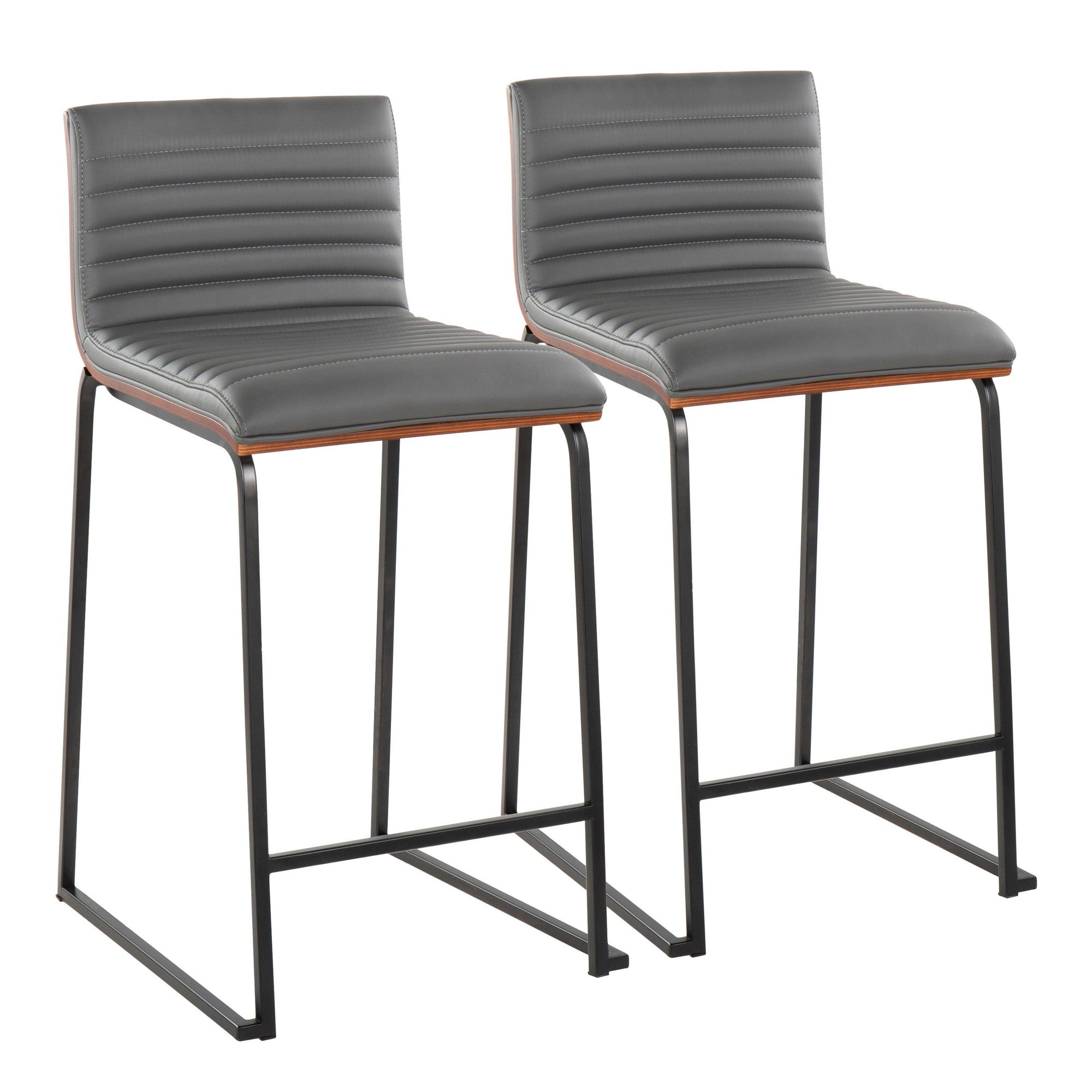 Mason Mara 26" Fixed-Height Counter Stool - Set of 2 - Black Metal, Walnut Wood, Grey PU