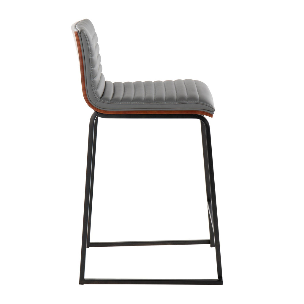 Mason Mara 26" Fixed-Height Counter Stool - Set of 2 - Black Metal, Walnut Wood, Grey PU