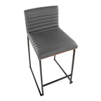 Mason Mara 26" Fixed-Height Counter Stool - Set of 2 - Black Metal, Walnut Wood, Grey PU