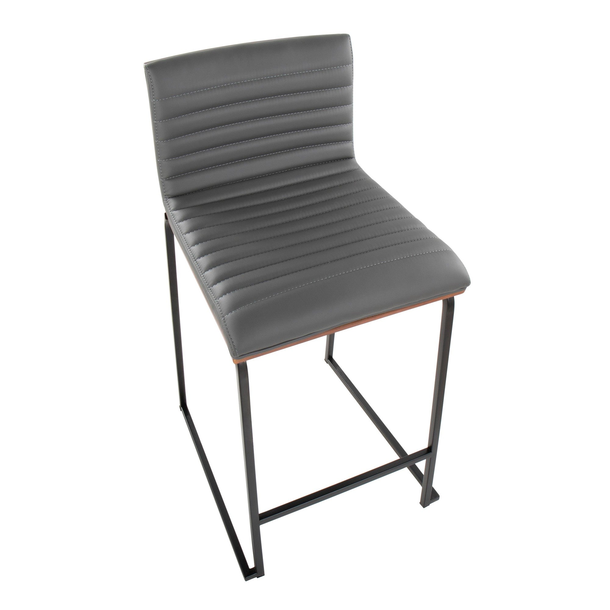 Mason Mara 26" Fixed-Height Counter Stool - Set of 2 - Black Metal, Walnut Wood, Grey PU