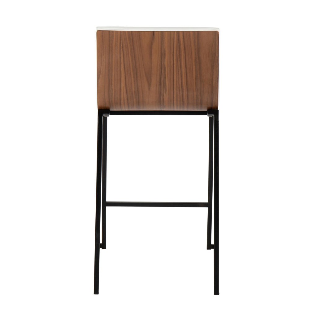 Mason Mara 26" Fixed-Height Counter Stool - Set of 2 - Black Metal, Walnut Wood, White PU