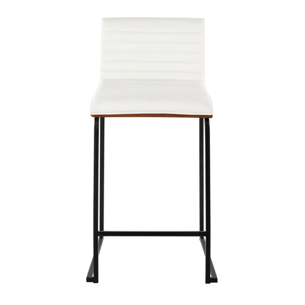 Mason Mara 26" Fixed-Height Counter Stool - Set of 2 - Black Metal, Walnut Wood, White PU