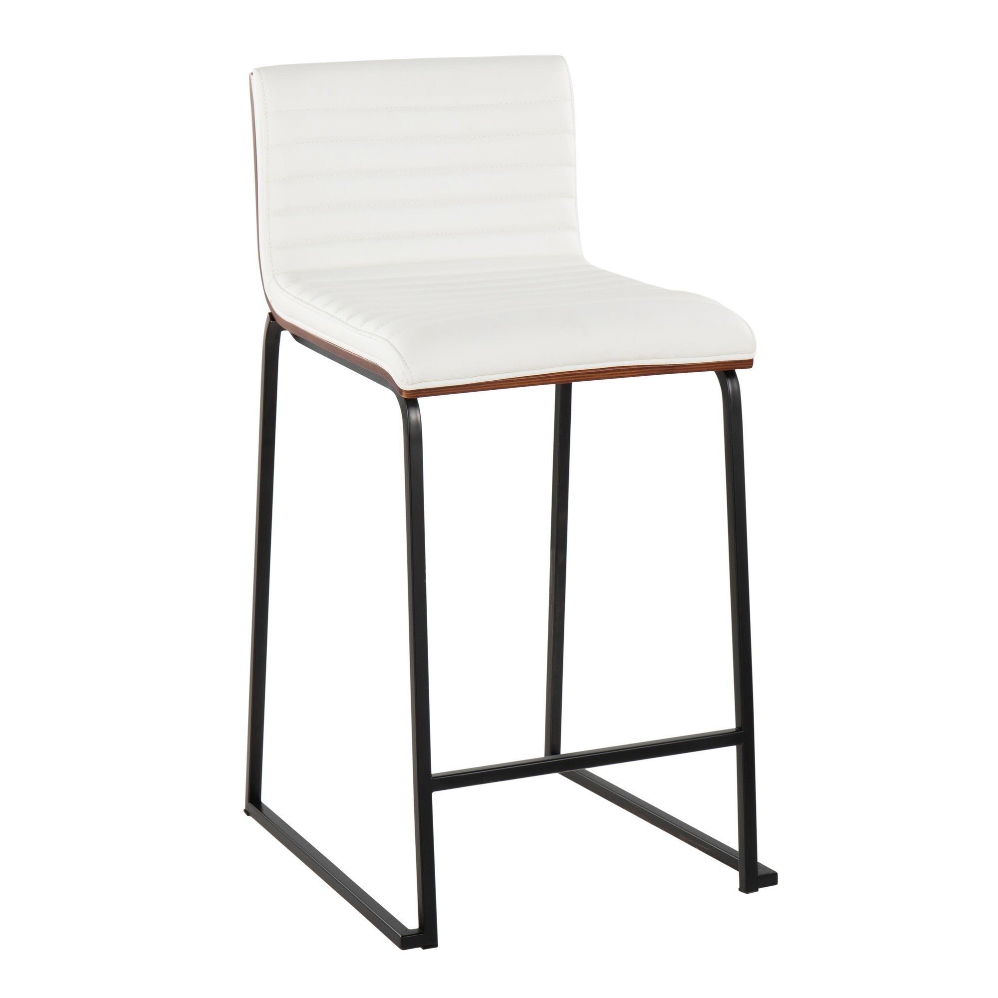 Mason Mara 26" Fixed-Height Counter Stool - Set of 2 - Black Metal, Walnut Wood, White PU