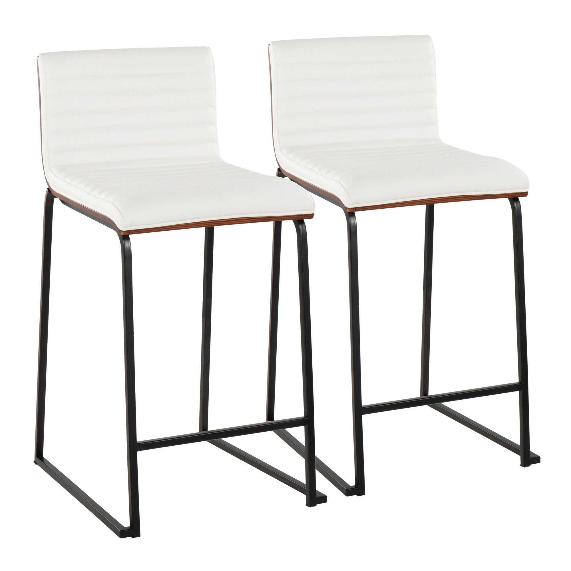 Mason Mara 26" Fixed-Height Counter Stool - Set of 2 - Black Metal, Walnut Wood, White PU