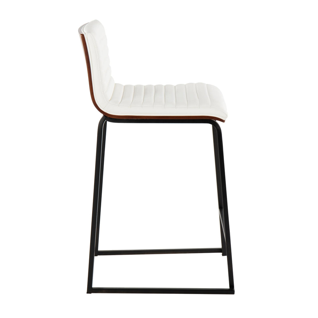Mason Mara 26" Fixed-Height Counter Stool - Set of 2 - Black Metal, Walnut Wood, White PU