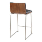 Mason Mara 26" Fixed-Height Counter Stool - Set of 2 - Brushed Stainless Steel, Walnut Wood, Black PU