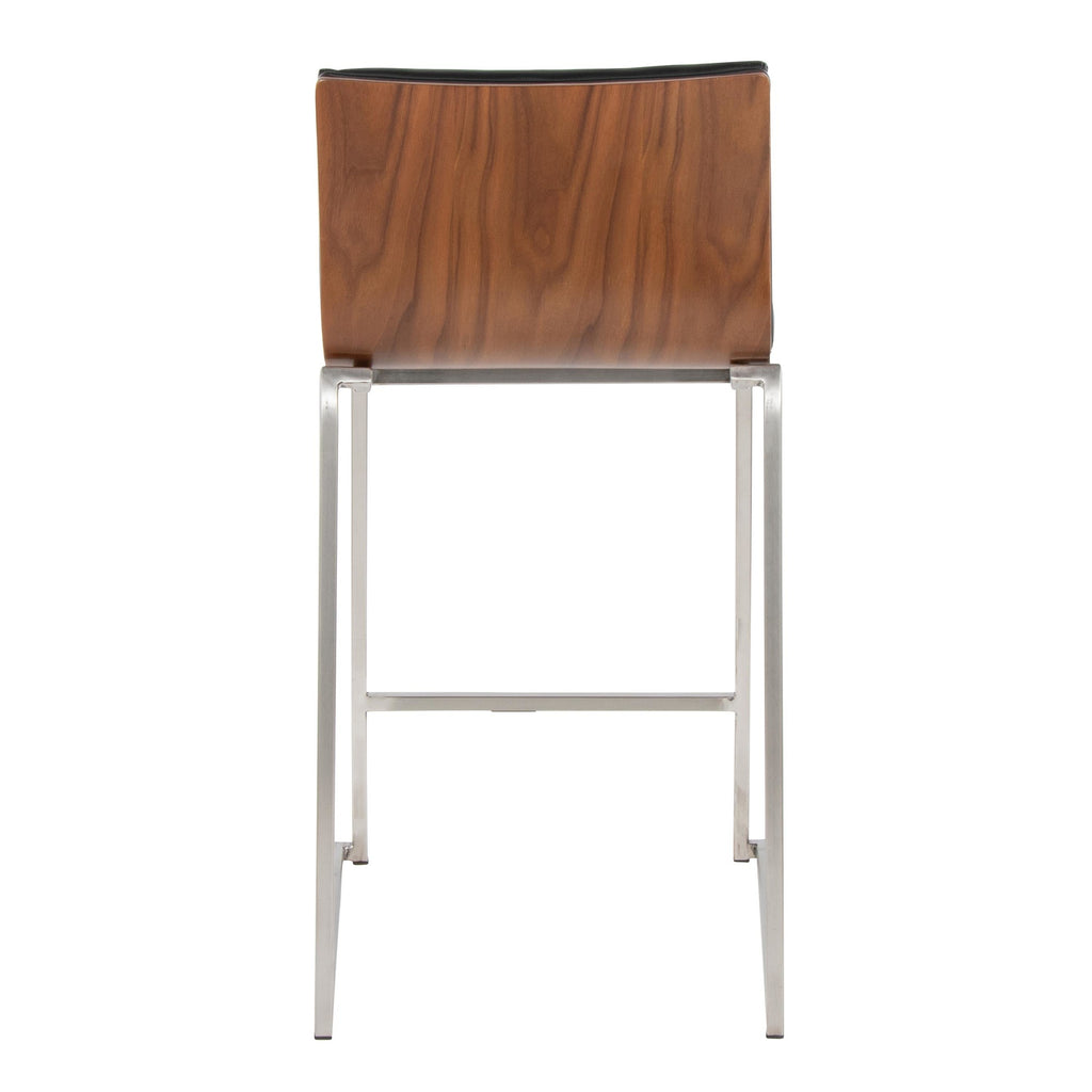 Mason Mara 26" Fixed-Height Counter Stool - Set of 2 - Brushed Stainless Steel, Walnut Wood, Black PU