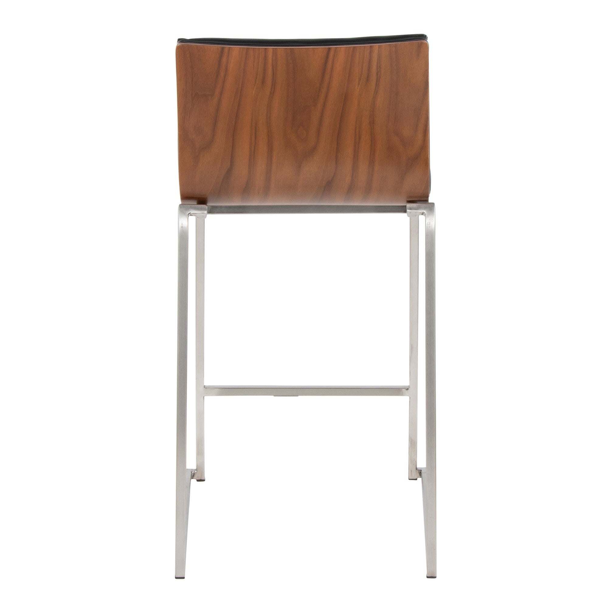 Mason Mara 26" Fixed-Height Counter Stool - Set of 2 - Brushed Stainless Steel, Walnut Wood, Black PU