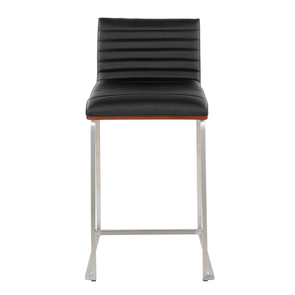 Mason Mara 26" Fixed-Height Counter Stool - Set of 2 - Brushed Stainless Steel, Walnut Wood, Black PU