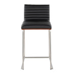 Mason Mara 26" Fixed-Height Counter Stool - Set of 2 - Brushed Stainless Steel, Walnut Wood, Black PU