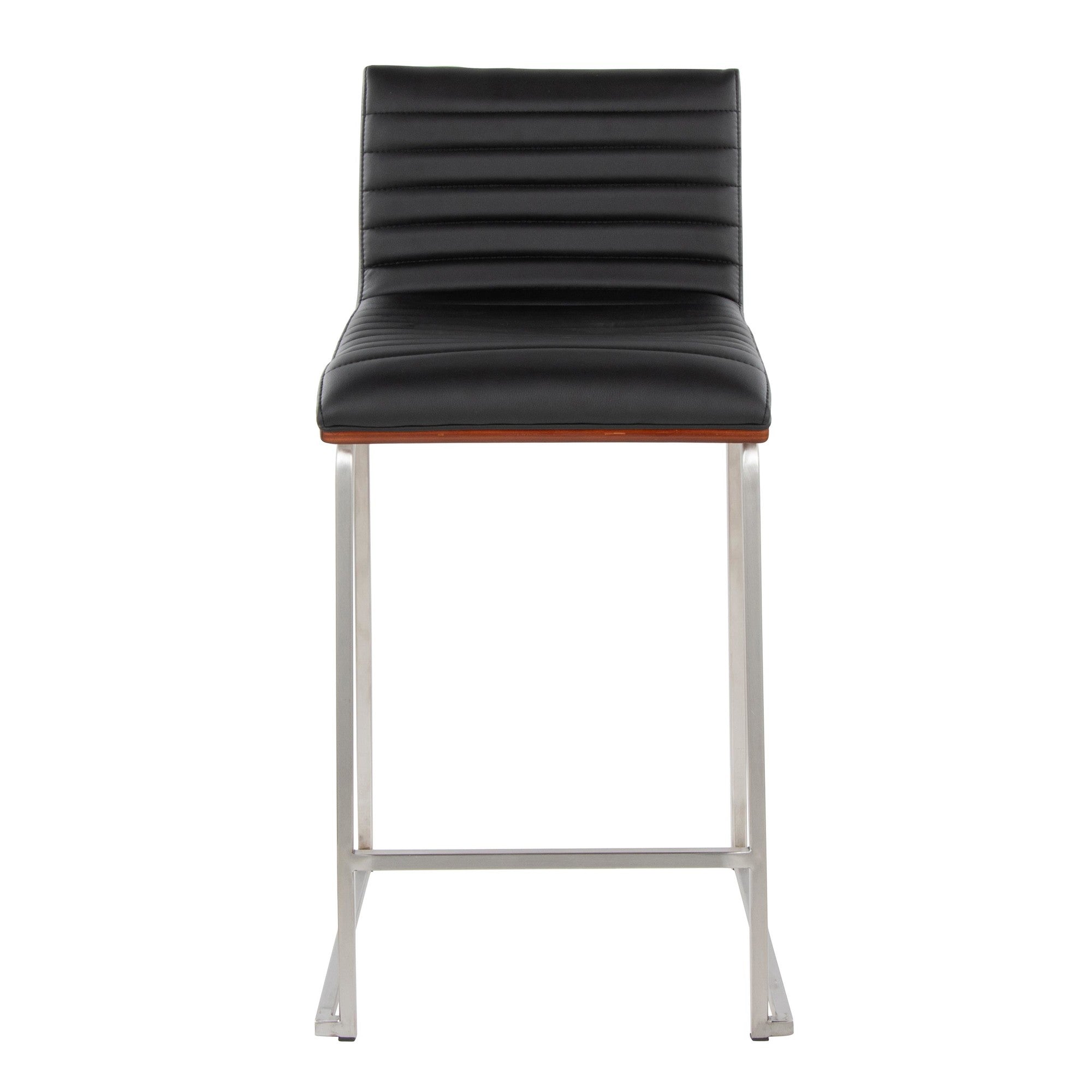 Mason Mara 26" Fixed-Height Counter Stool - Set of 2 - Brushed Stainless Steel, Walnut Wood, Black PU