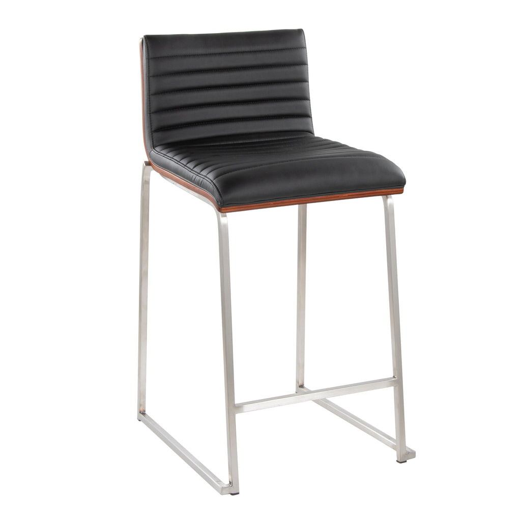 Mason Mara 26" Fixed-Height Counter Stool - Set of 2 - Brushed Stainless Steel, Walnut Wood, Black PU