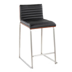 Mason Mara 26" Fixed-Height Counter Stool - Set of 2 - Brushed Stainless Steel, Walnut Wood, Black PU
