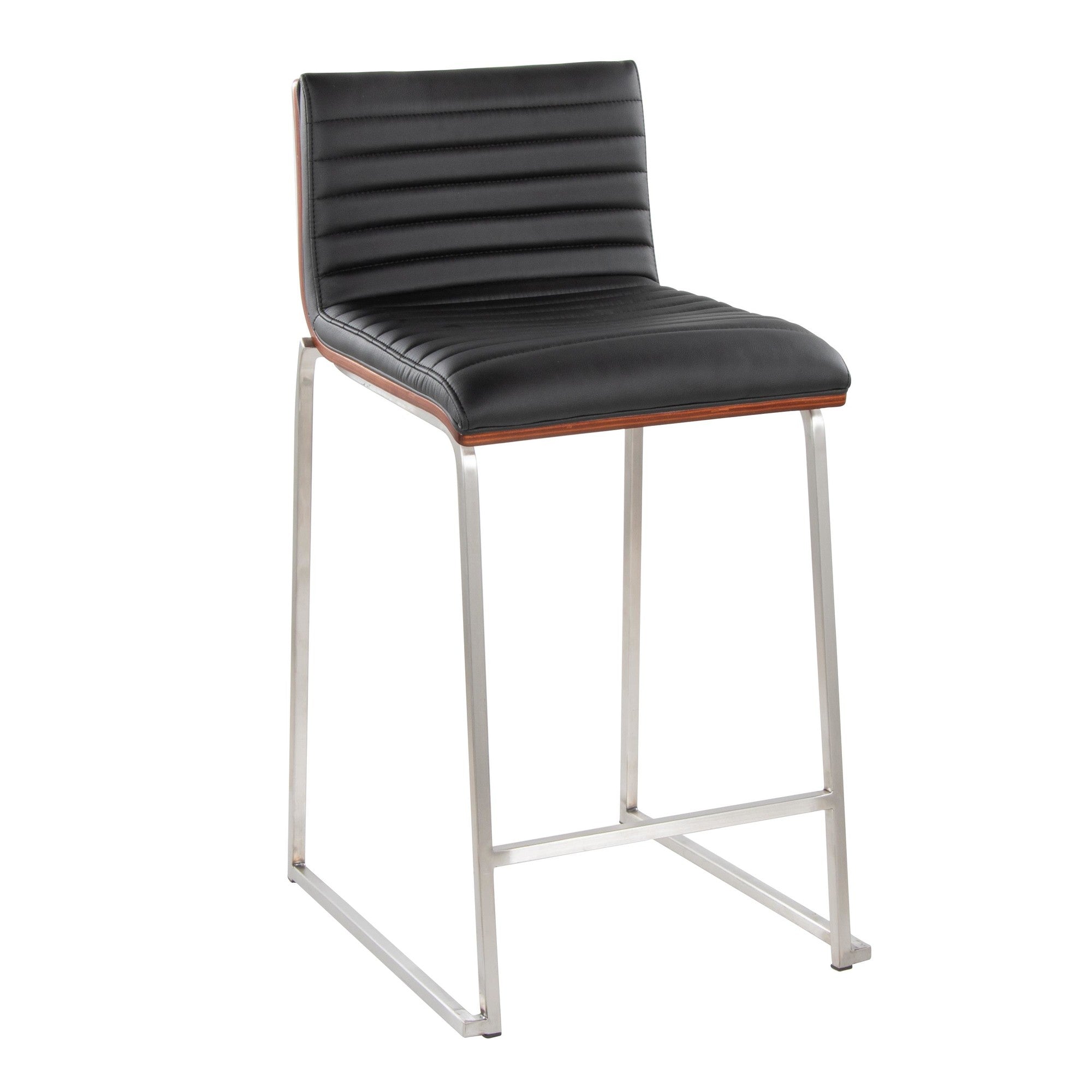Mason Mara 26" Fixed-Height Counter Stool - Set of 2 - Brushed Stainless Steel, Walnut Wood, Black PU