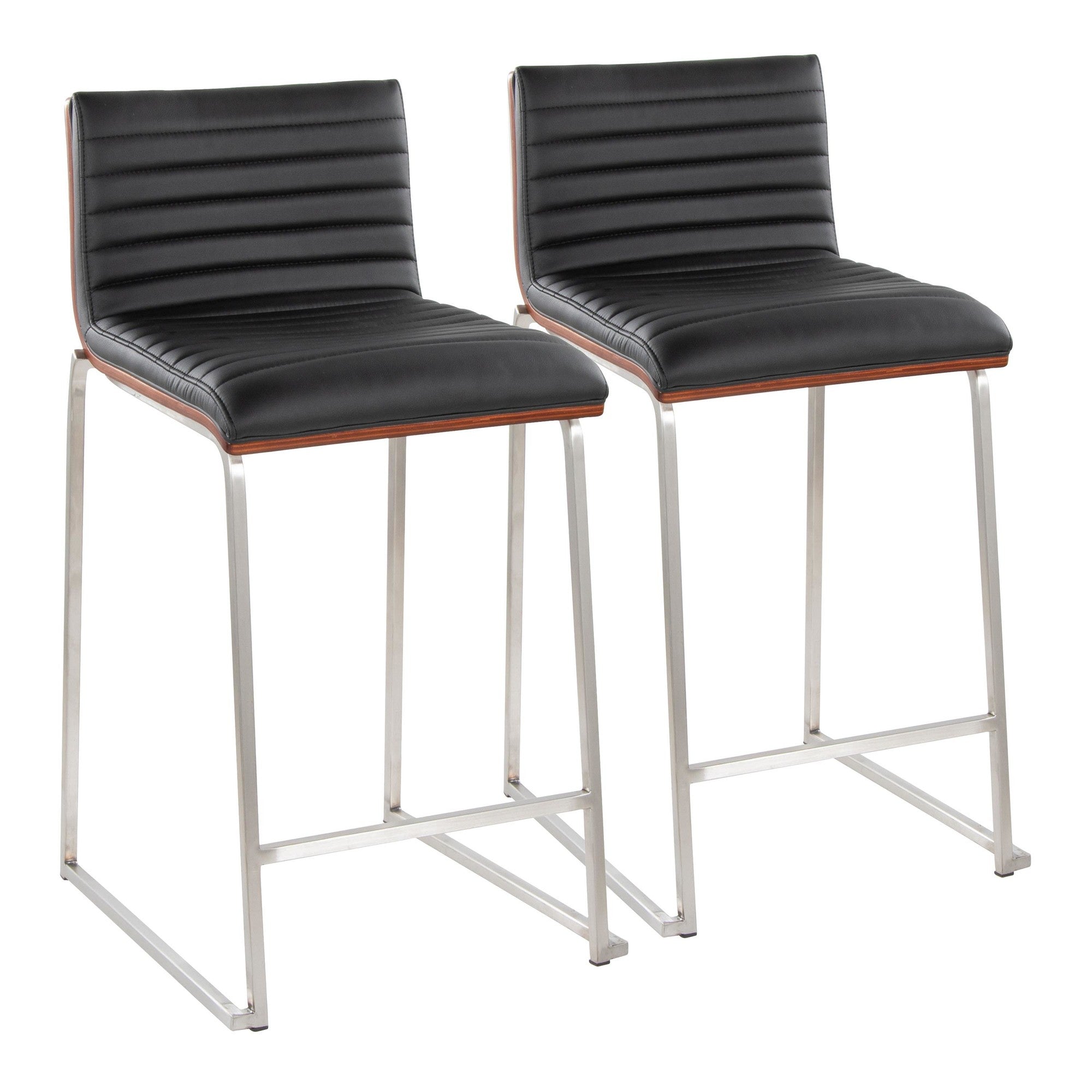 Mason Mara 26" Fixed-Height Counter Stool - Set of 2 - Brushed Stainless Steel, Walnut Wood, Black PU