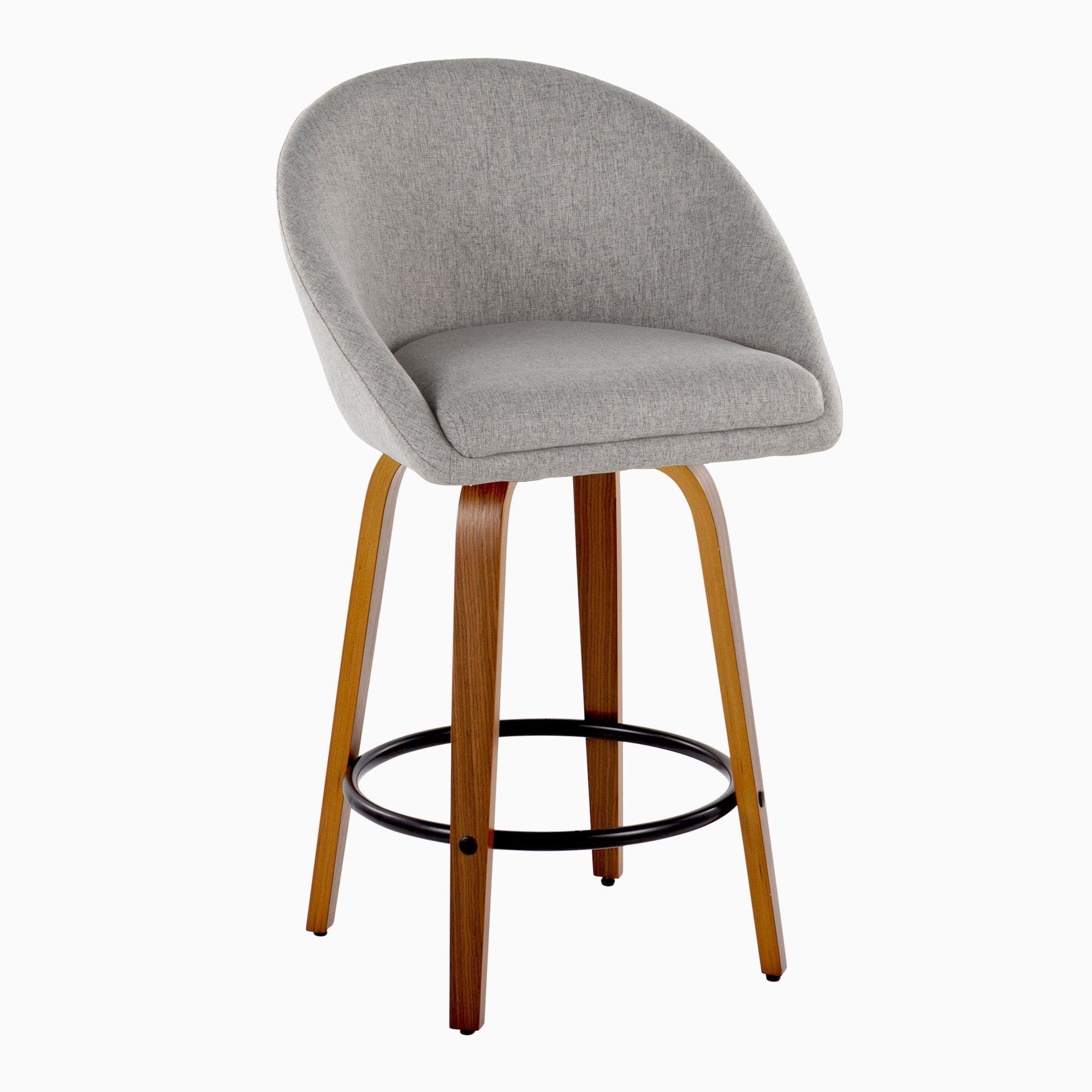 Matisse High Back 26" Fixed-Height Counter Stool - Set of 2 - Walnut Wood, Grey Fabric, Black Metal
