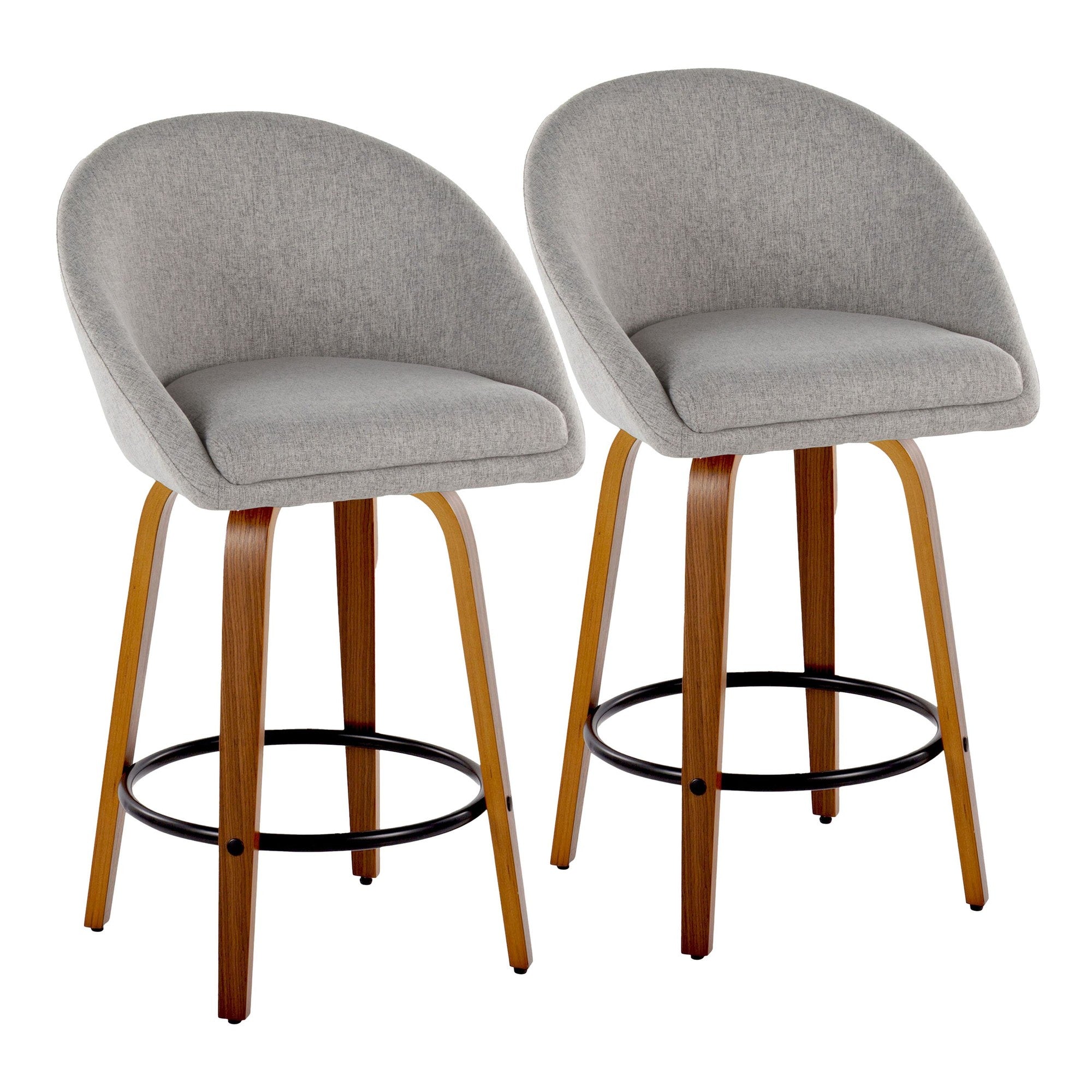 Matisse High Back 26" Fixed-Height Counter Stool - Set of 2 - Walnut Wood, Grey Fabric, Black Metal