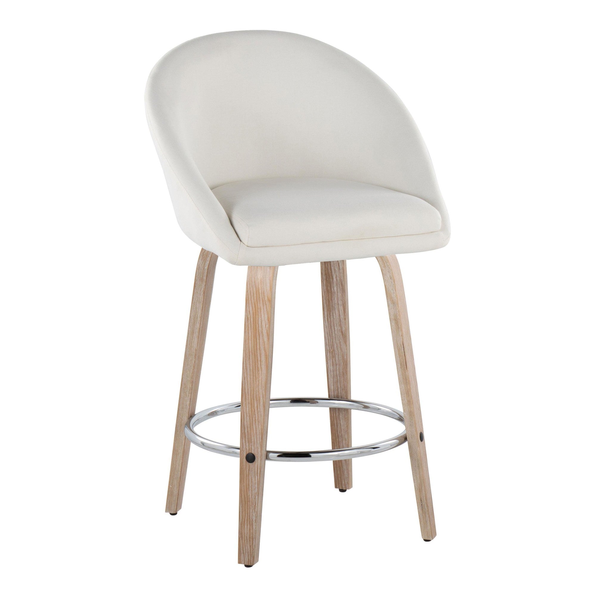 Matisse High Back 26" Fixed-Height Counter Stool - Set of 2 - Whitewashed Wood, Cream Fabric, Chrome Metal