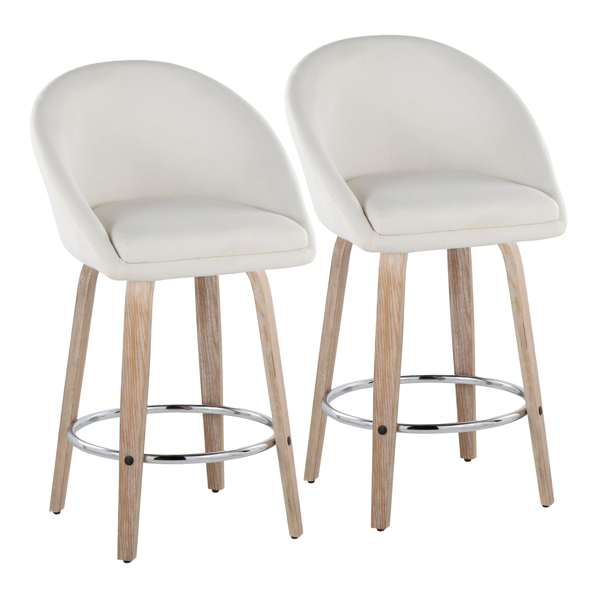 Matisse High Back 26" Fixed-Height Counter Stool - Set of 2 - Whitewashed Wood, Cream Fabric, Chrome Metal