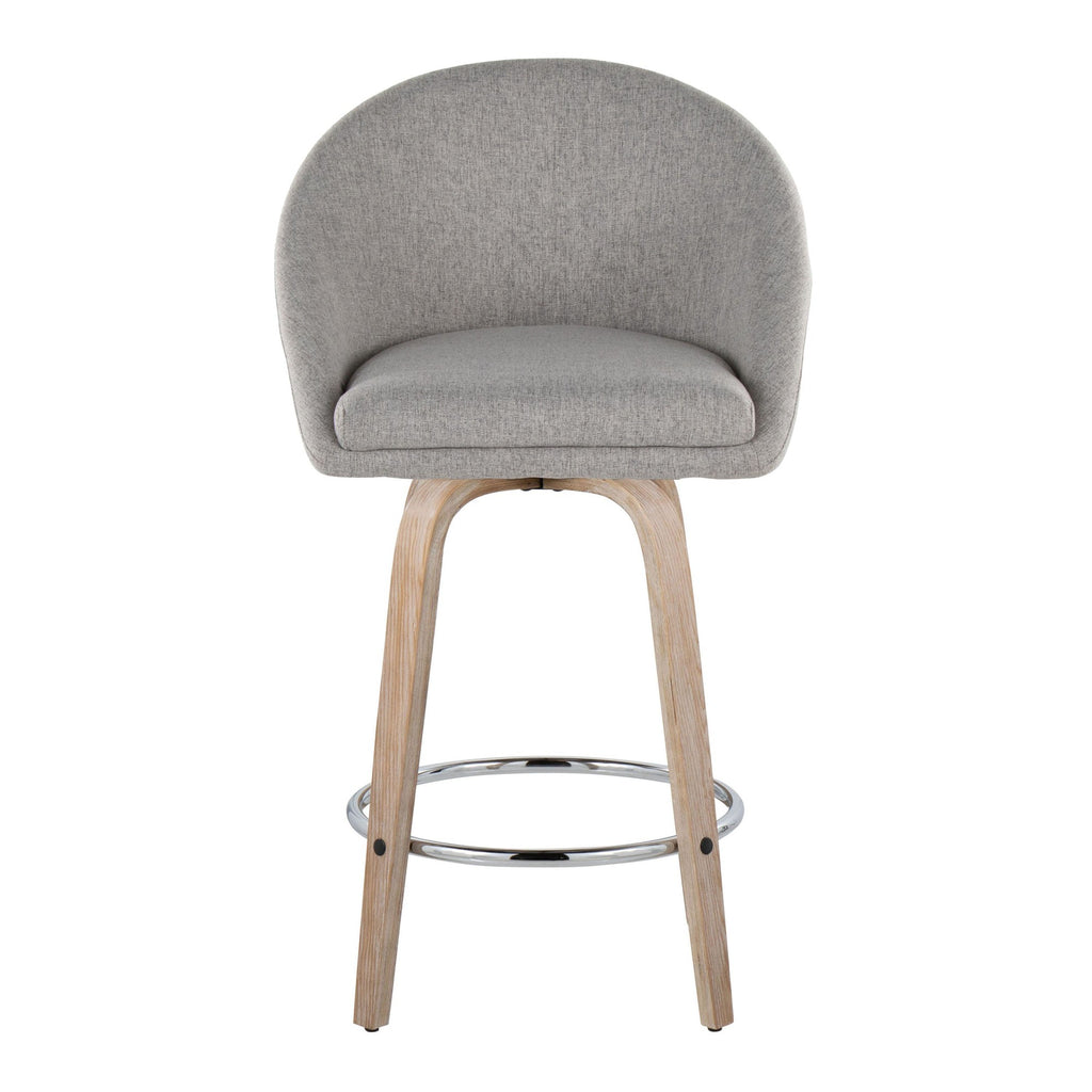 Matisse High Back 26" Fixed-Height Counter Stool - Set of 2 - Whitewashed Wood, Grey Fabric, Chrome Metal