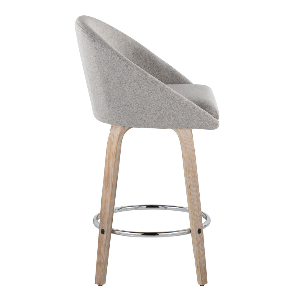 Matisse High Back 26" Fixed-Height Counter Stool - Set of 2 - Whitewashed Wood, Grey Fabric, Chrome Metal