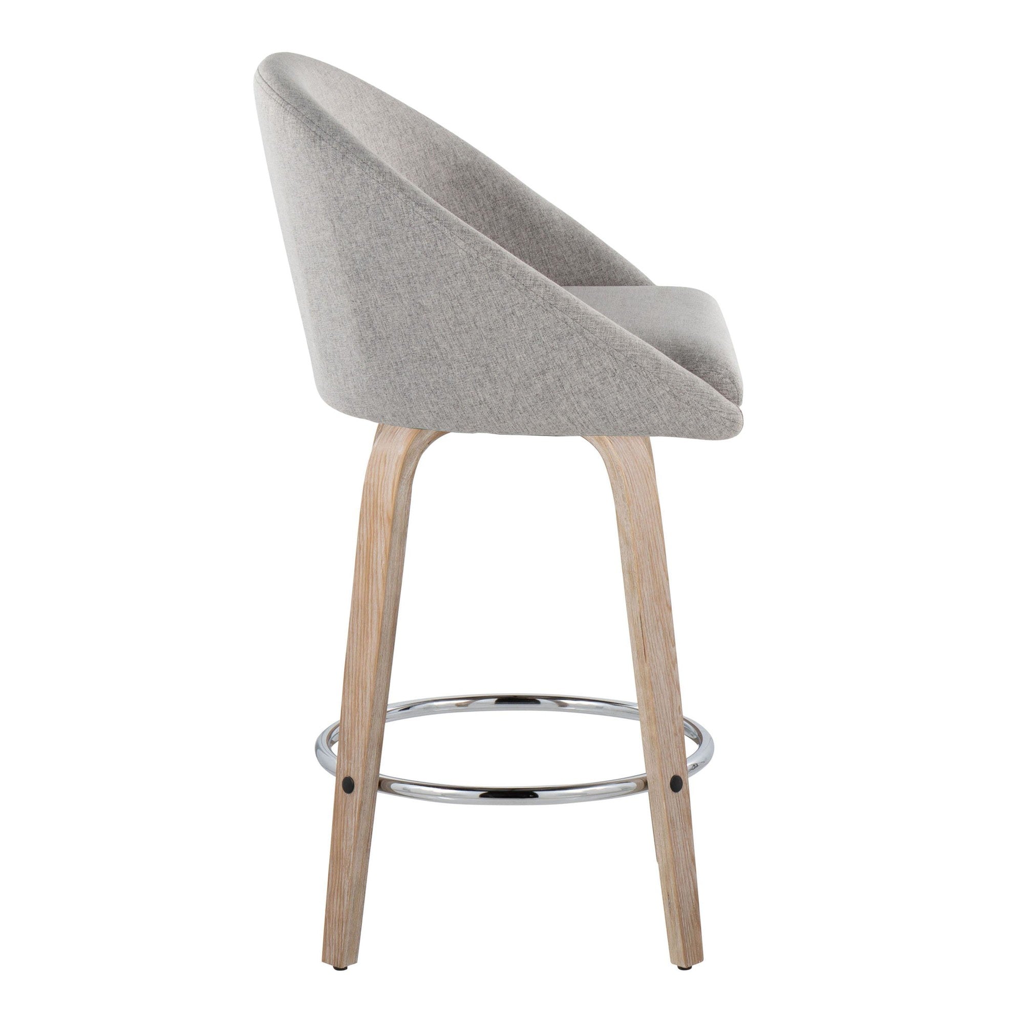 Matisse High Back 26" Fixed-Height Counter Stool - Set of 2 - Whitewashed Wood, Grey Fabric, Chrome Metal
