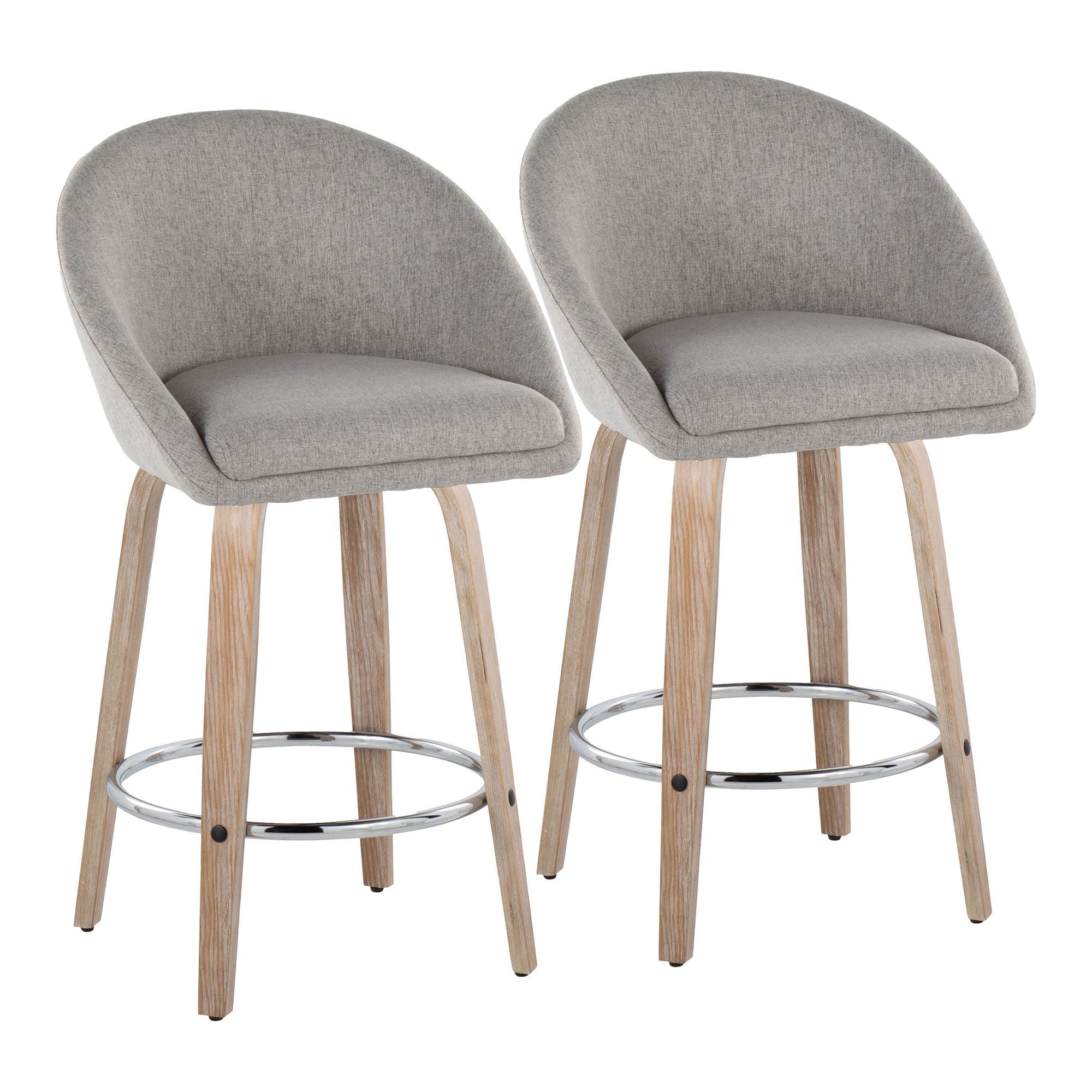 Matisse High Back 26" Fixed-Height Counter Stool - Set of 2 - Whitewashed Wood, Grey Fabric, Chrome Metal