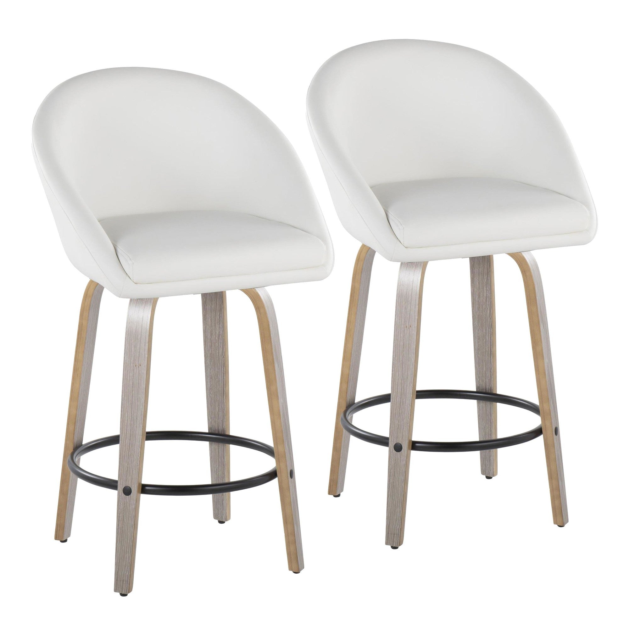 Matisse High Back 26" Fixed-Height Counter Stool - Set of 2 - Light Grey Wood, White PU, Black Metal