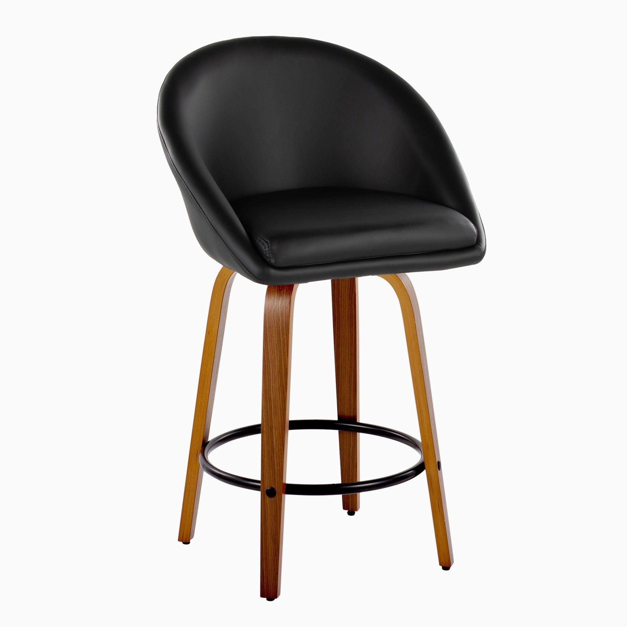 Matisse High Back 26" Fixed-Height Counter Stool - Set of 2 - Walnut Wood, Black PU, Black Metal
