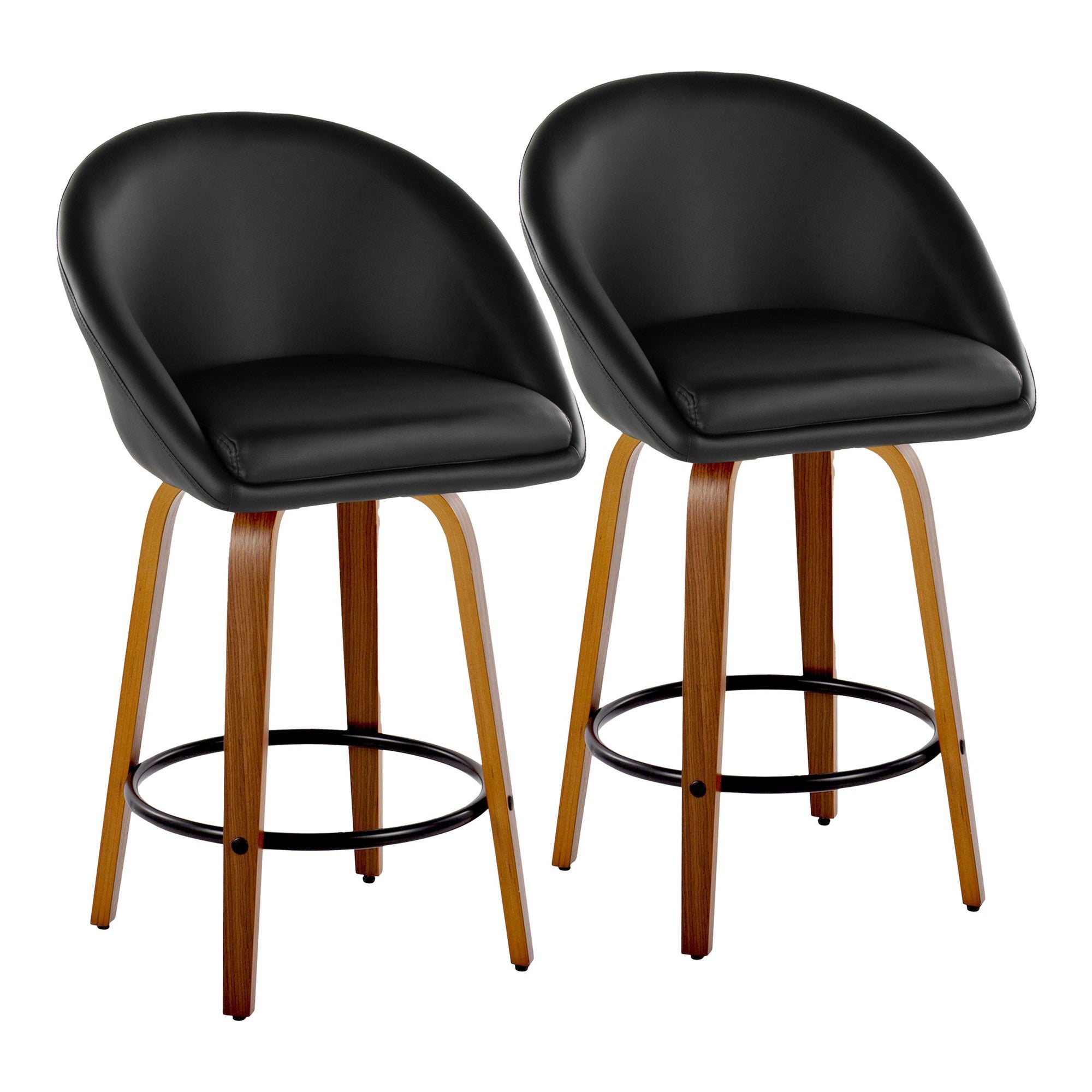 Matisse High Back 26" Fixed-Height Counter Stool - Set of 2 - Walnut Wood, Black PU, Black Metal