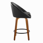 Matisse High Back 26" Fixed-Height Counter Stool - Set of 2 - Walnut Wood, Black PU, Black Metal