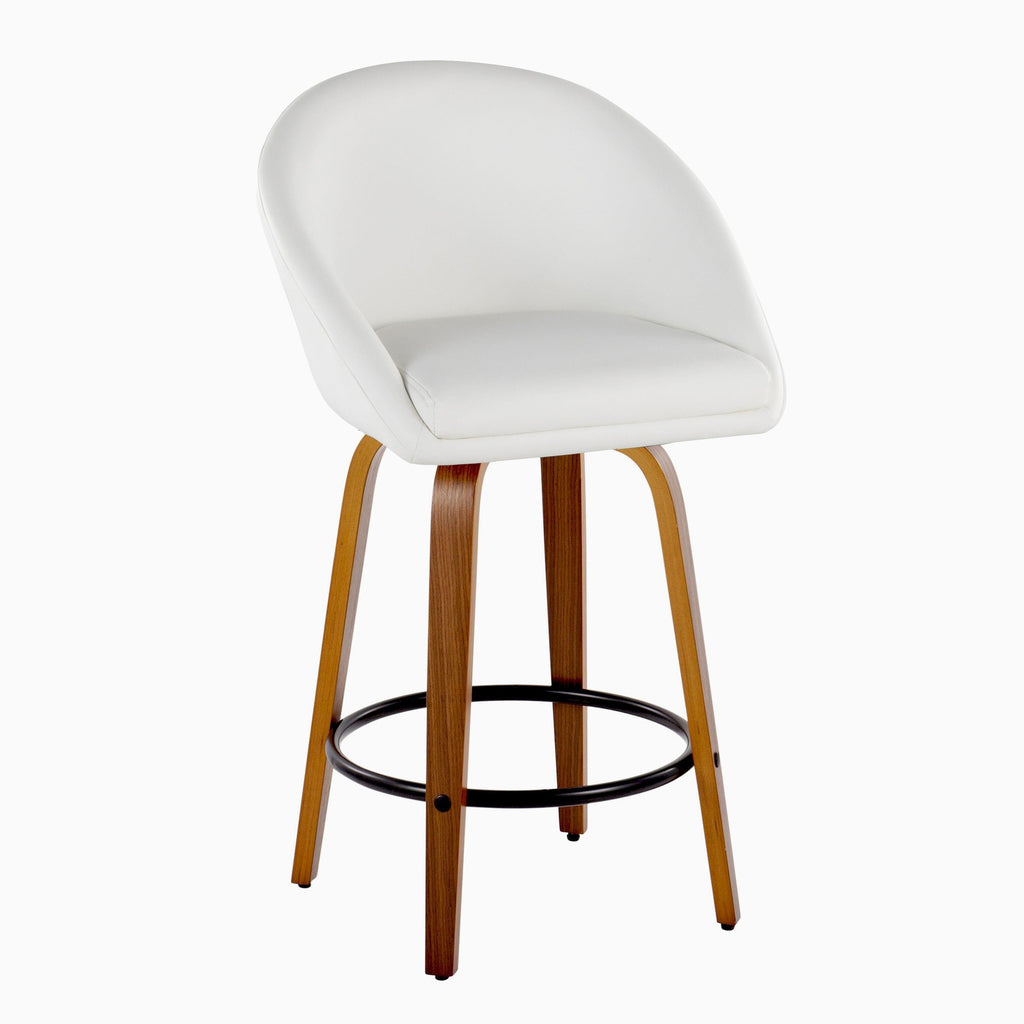 Matisse High Back 26" Fixed-Height Counter Stool - Set of 2 - Walnut Wood, White PU, Black Metal