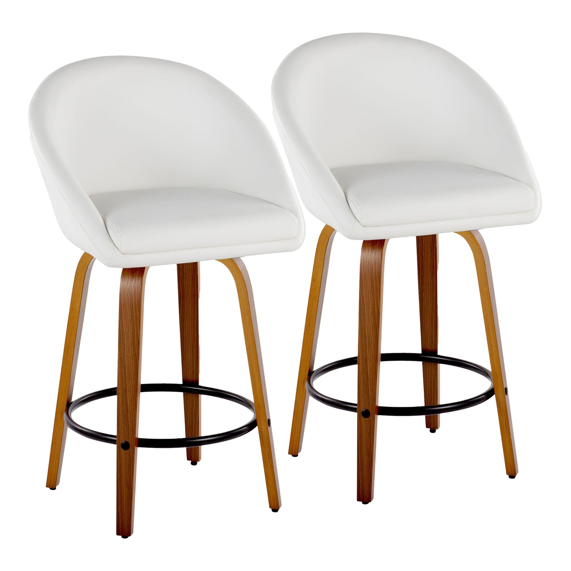 Matisse High Back 26" Fixed-Height Counter Stool - Set of 2 - Walnut Wood, White PU, Black Metal