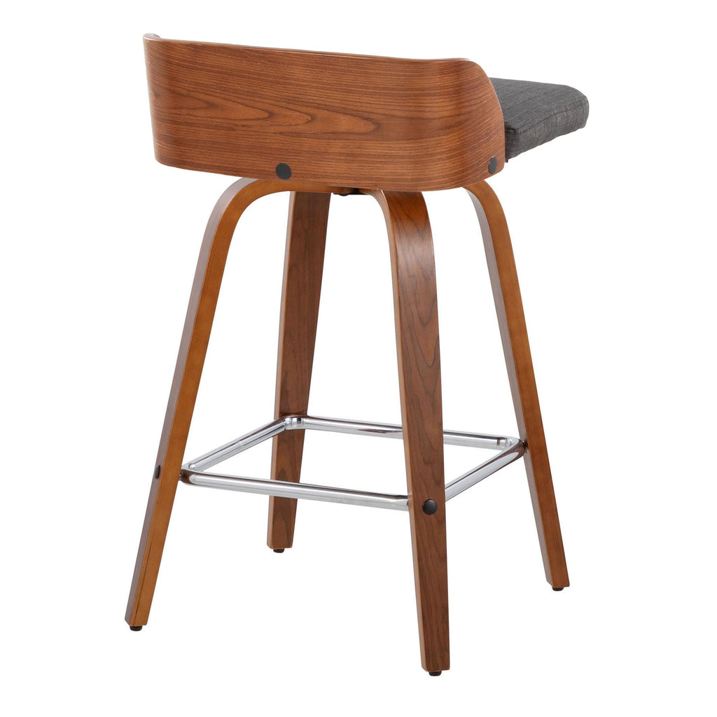 Maya 26" Fixed-Height Counter Stool - Set of 2 - Chrome Metal, Walnut Wood, Charcoal Fabric