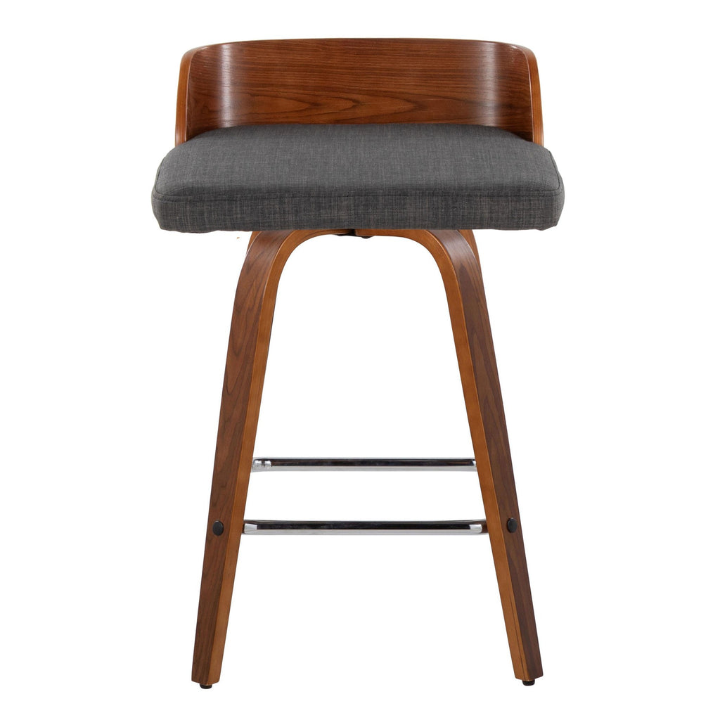 Maya 26" Fixed-Height Counter Stool - Set of 2 - Chrome Metal, Walnut Wood, Charcoal Fabric