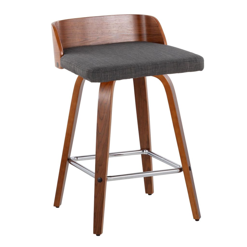Maya 26" Fixed-Height Counter Stool - Set of 2 - Chrome Metal, Walnut Wood, Charcoal Fabric