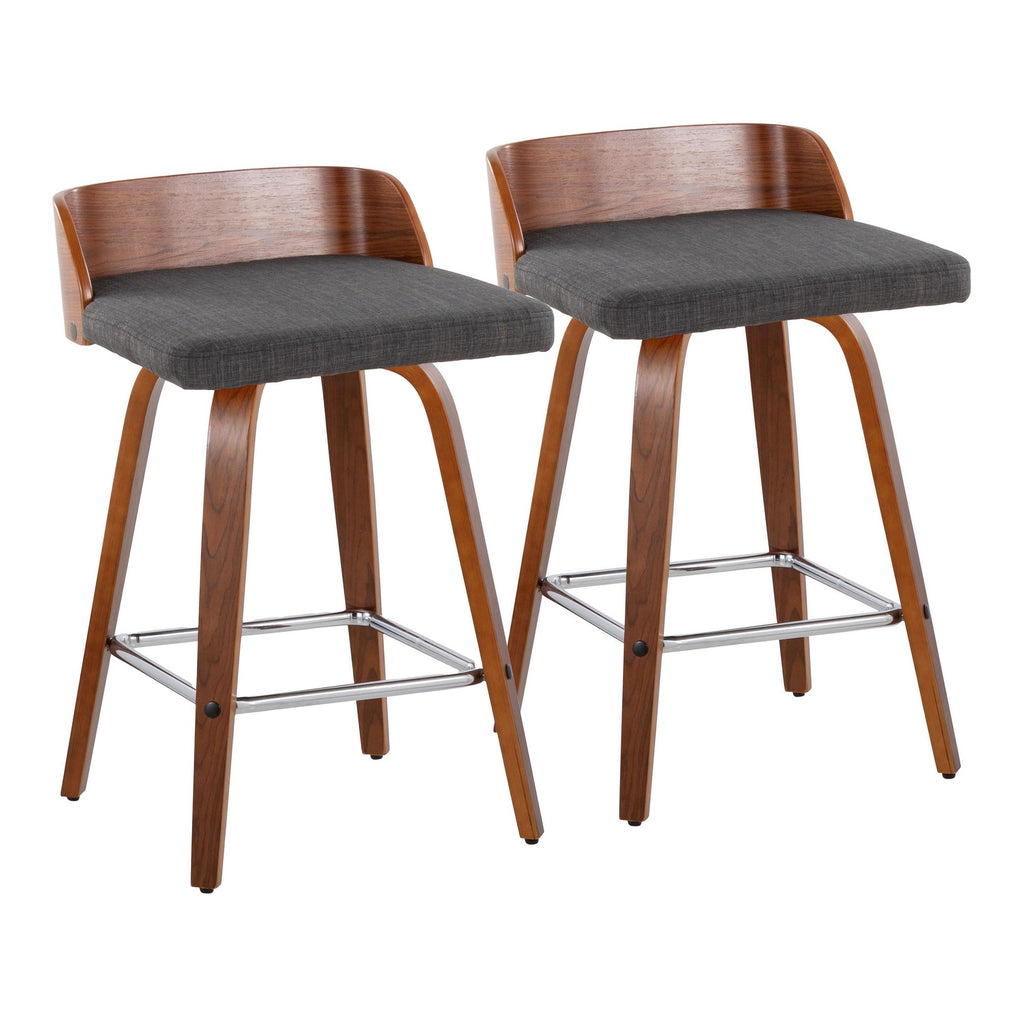 Maya 26" Fixed-Height Counter Stool - Set of 2 - Chrome Metal, Walnut Wood, Charcoal Fabric