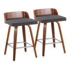 Maya 26" Fixed-Height Counter Stool - Set of 2 - Chrome Metal, Walnut Wood, Charcoal Fabric