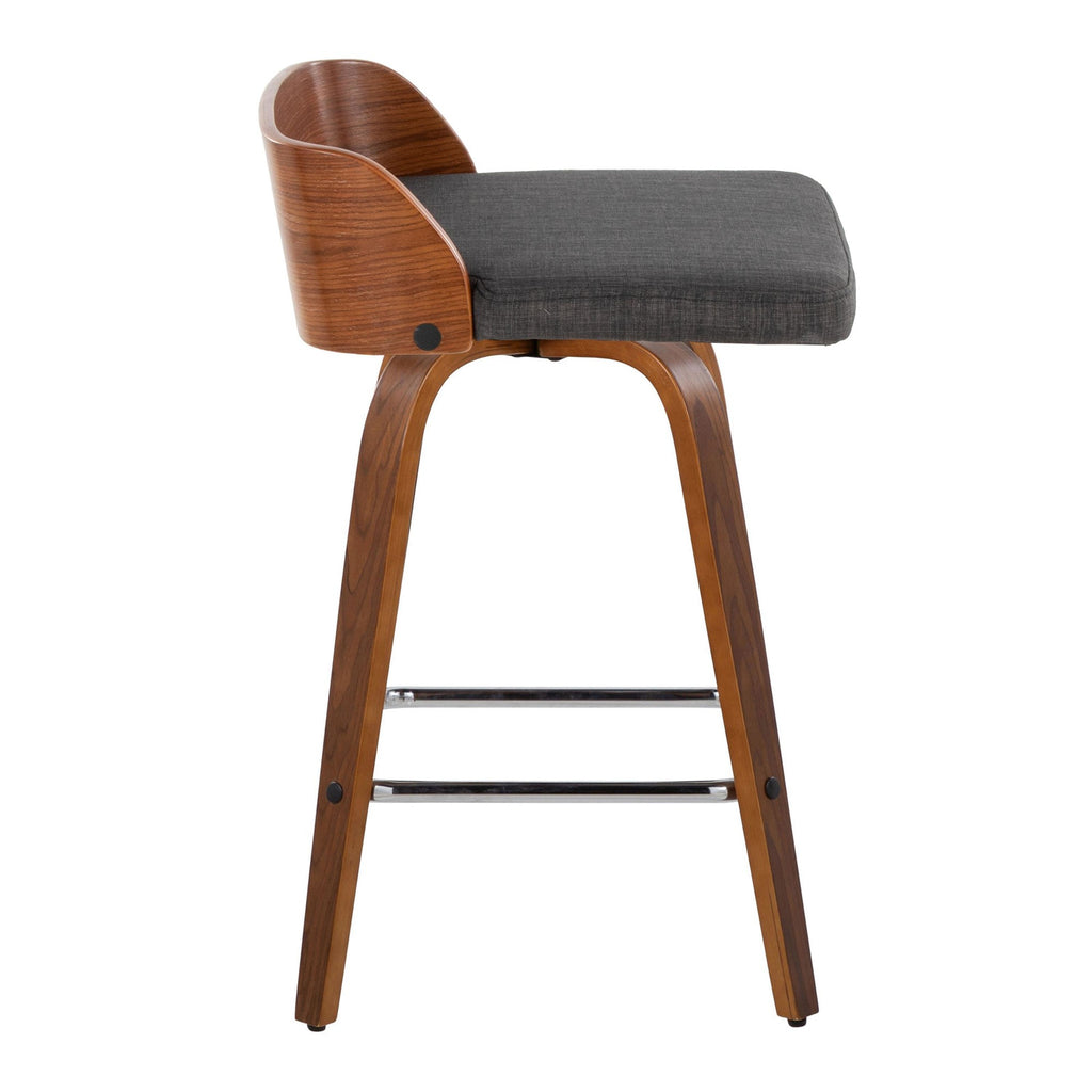 Maya 26" Fixed-Height Counter Stool - Set of 2 - Chrome Metal, Walnut Wood, Charcoal Fabric