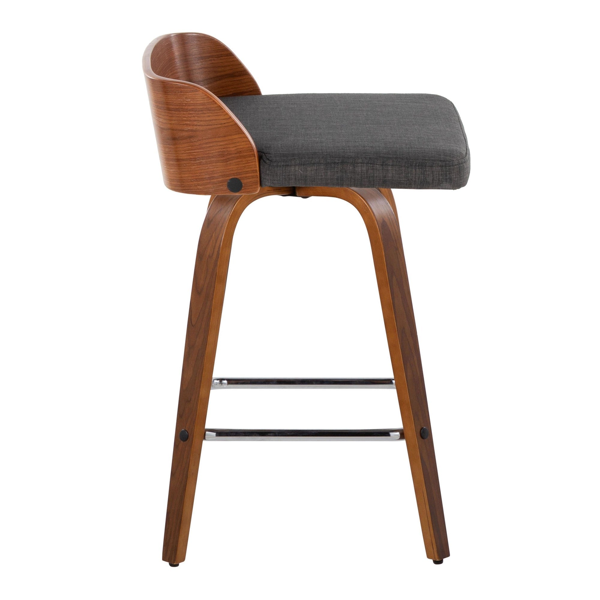 Maya 26" Fixed-Height Counter Stool - Set of 2 - Chrome Metal, Walnut Wood, Charcoal Fabric