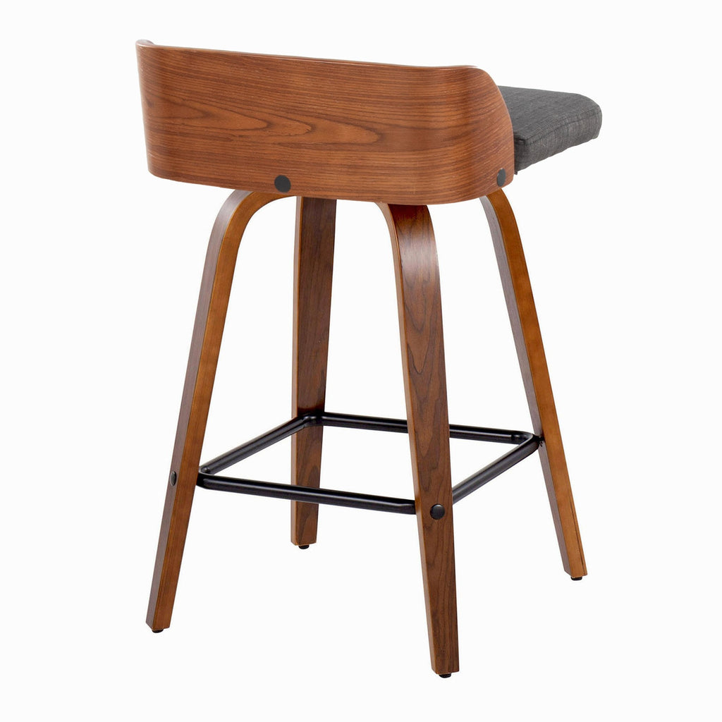 Maya 26" Fixed-Height Counter Stool - Set of 2 - Black Metal, Walnut Wood, Charcoal Fabric