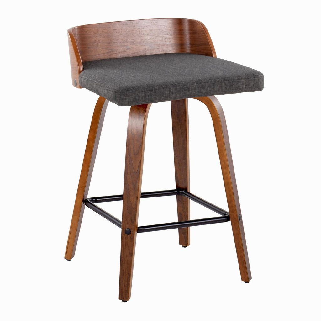 Maya 26" Fixed-Height Counter Stool - Set of 2 - Black Metal, Walnut Wood, Charcoal Fabric