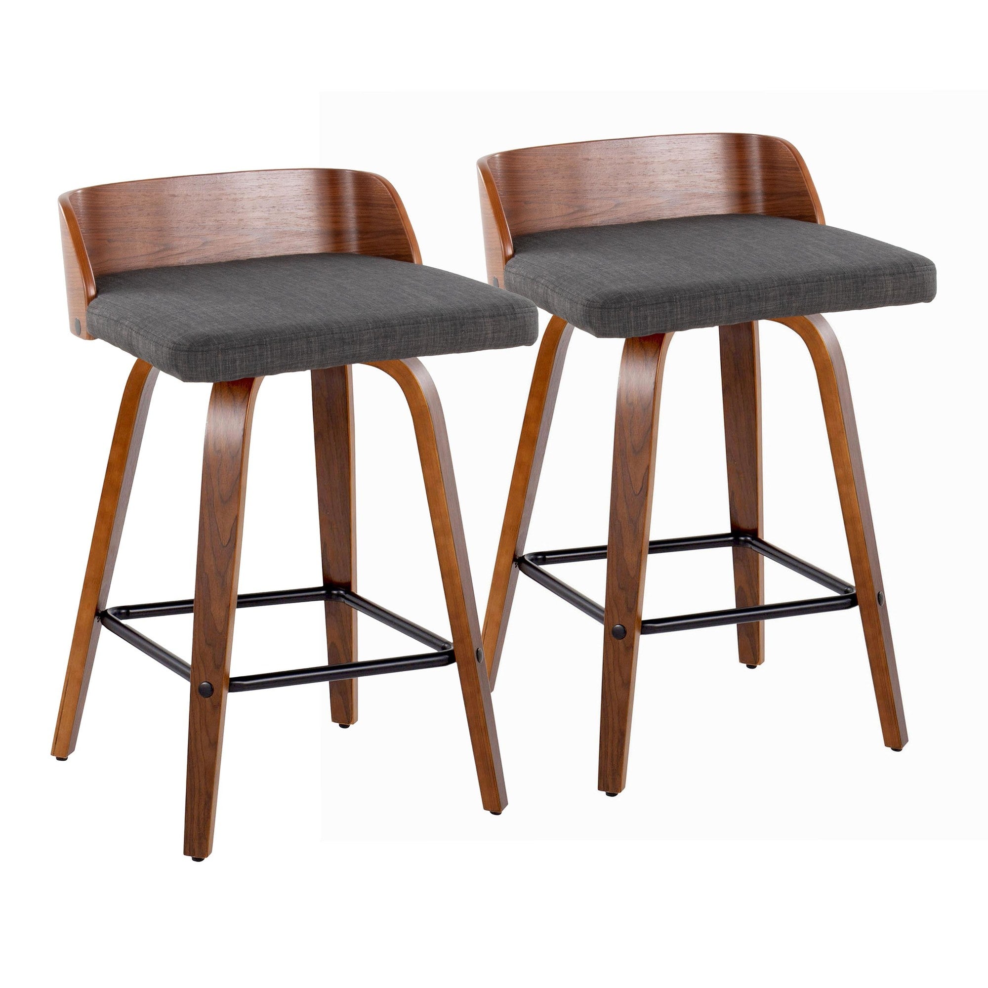 Maya 26" Fixed-Height Counter Stool - Set of 2 - Black Metal, Walnut Wood, Charcoal Fabric